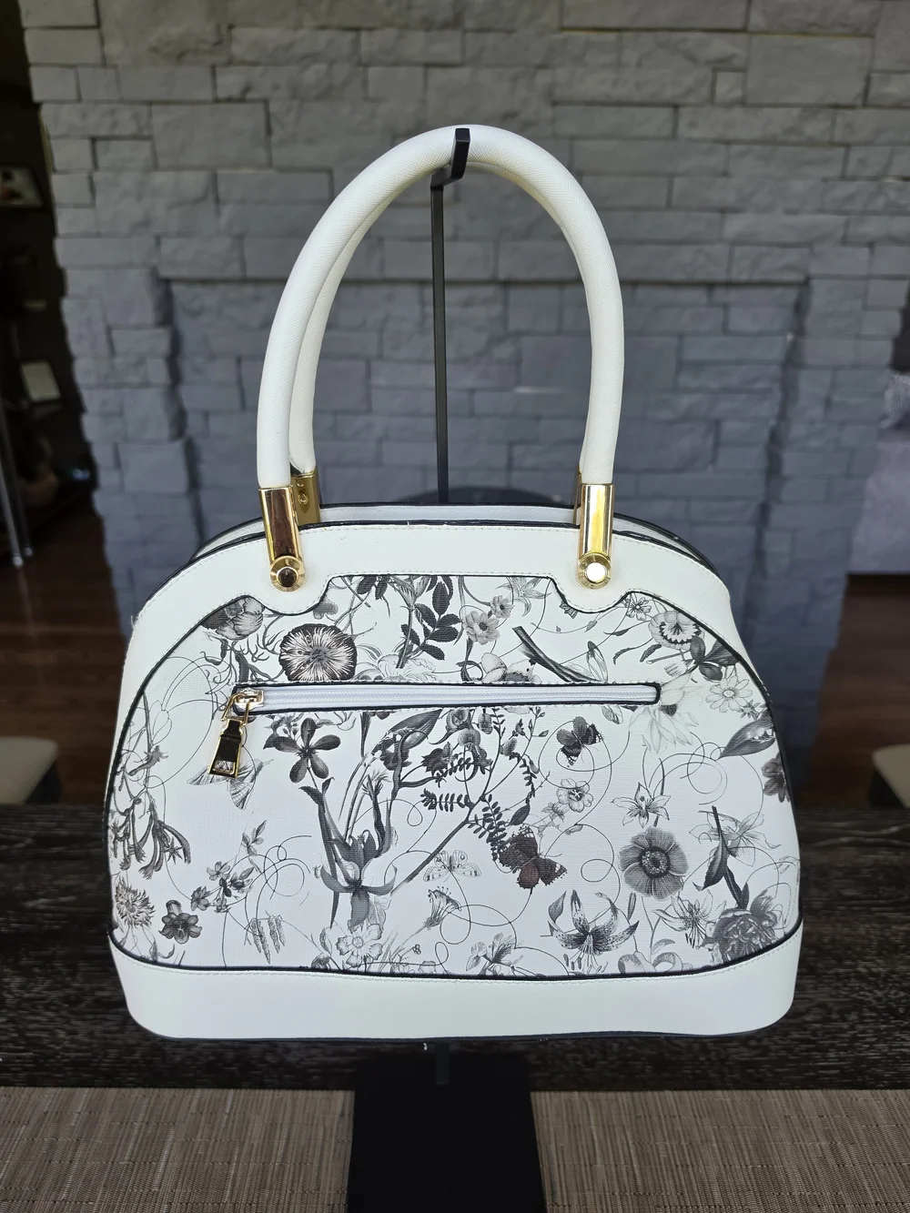 White & Black Floral Dome Satchel Handbag